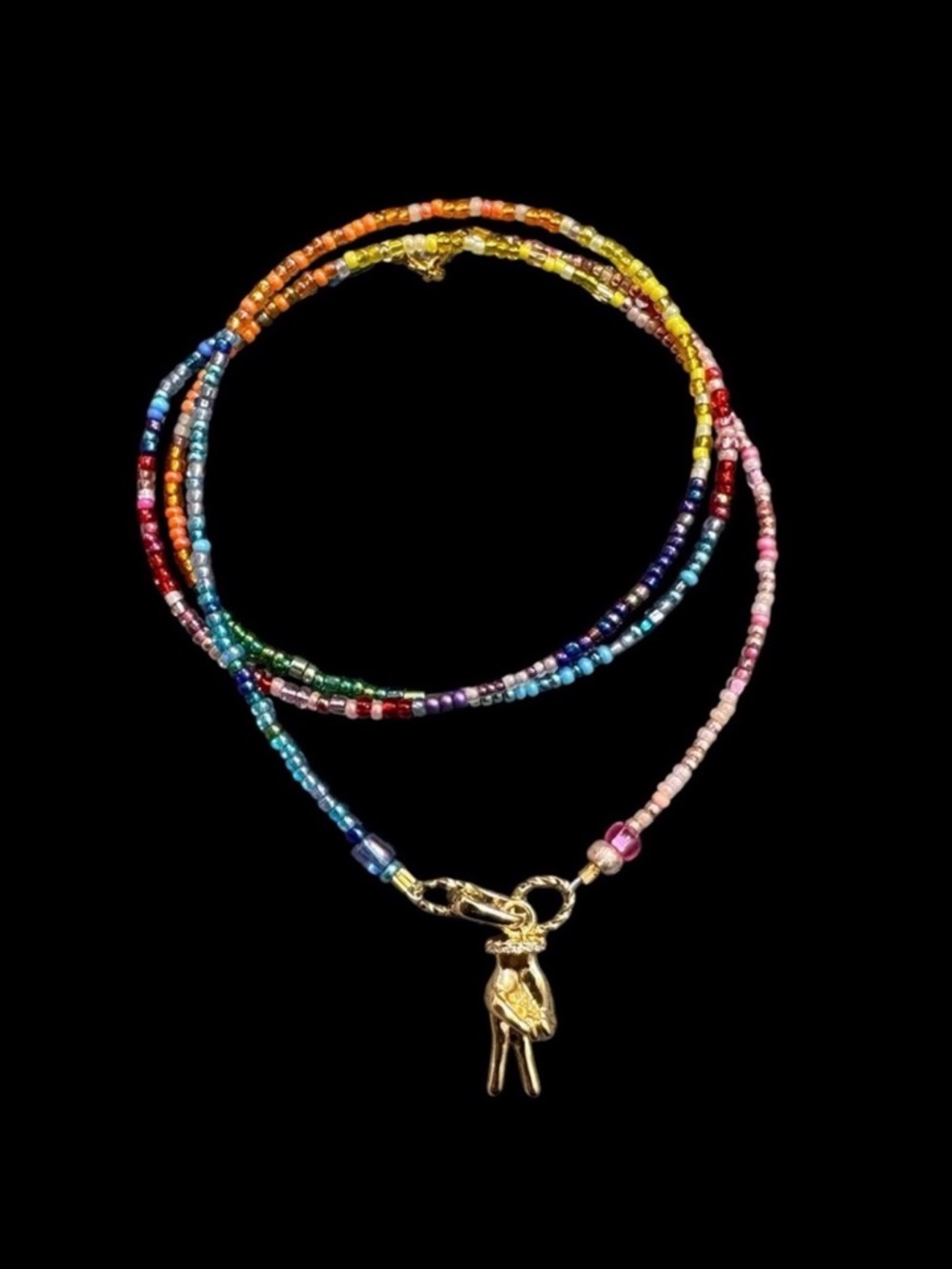 Gold Hand Peace Sign Rainbow Necklace.